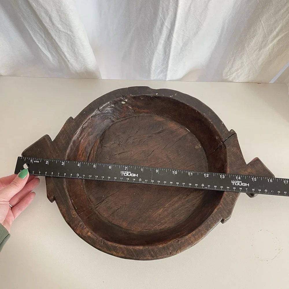 Vtg Wood Dough Bowl Rustic Hand Carved Primitive Wooden Handled Trough Knead 17